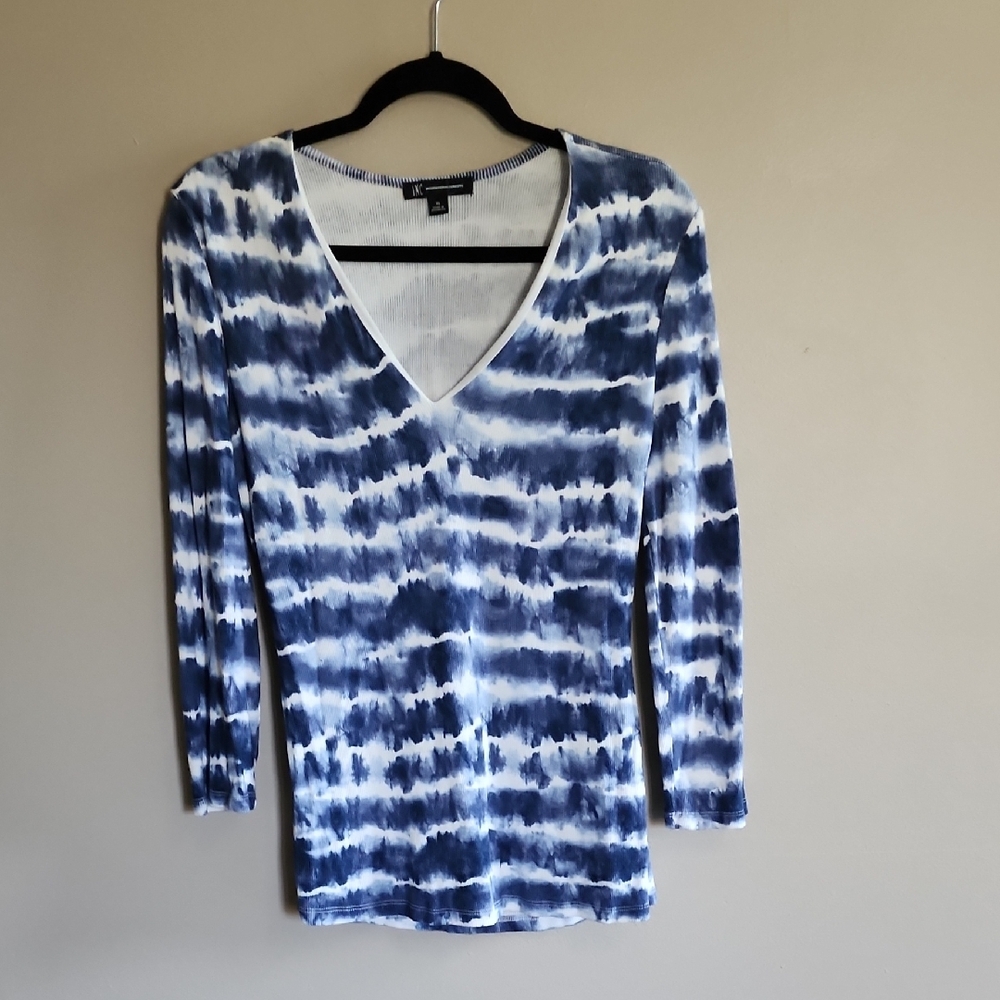 Womens INC Blue and White Tie-Dye V-Neck Top